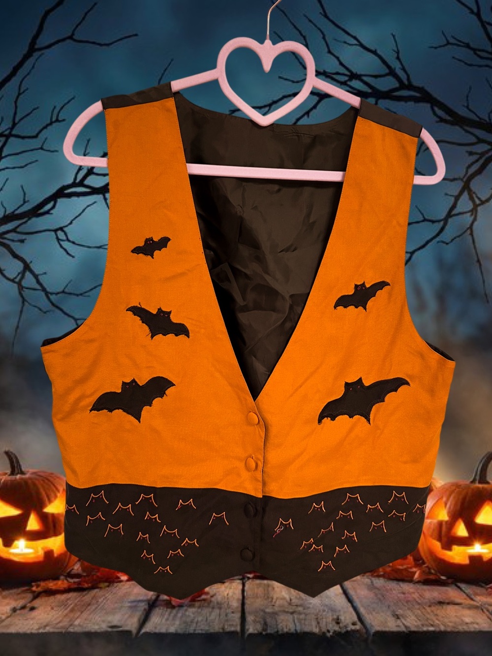 Vintage black and orange patchwork bats Halloween vest